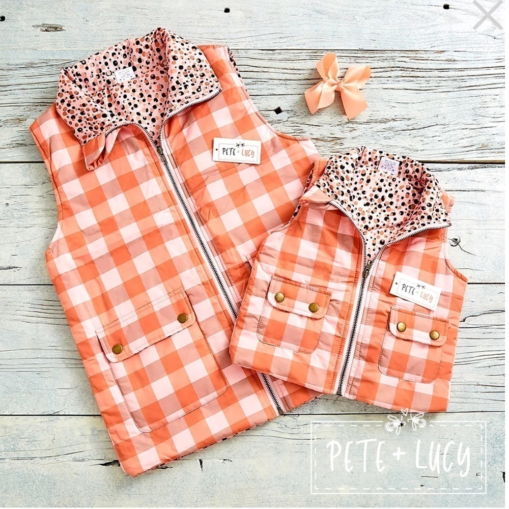 Pete and Lucy Girl Orange Pink and Tan Check and Dot Vest Pocket NWT ⭐️Host pick